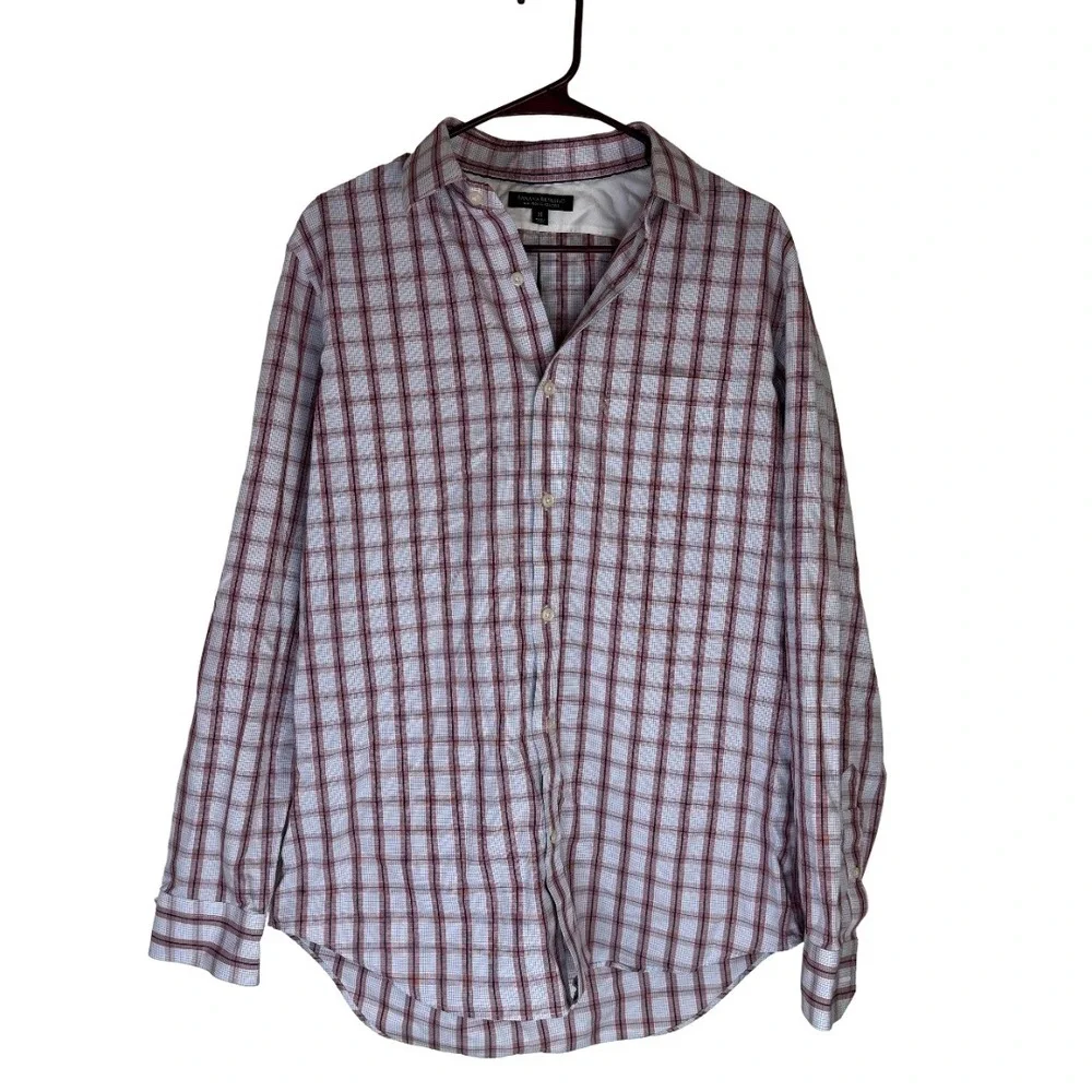 Banana Republic Shirt Mens Medium Red White Blue Plaid Non-Iron Classic Fit Long